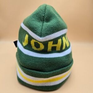 John Deere Green Knit Beanie Hat Yellow Striped Winter Cap J. America One Size